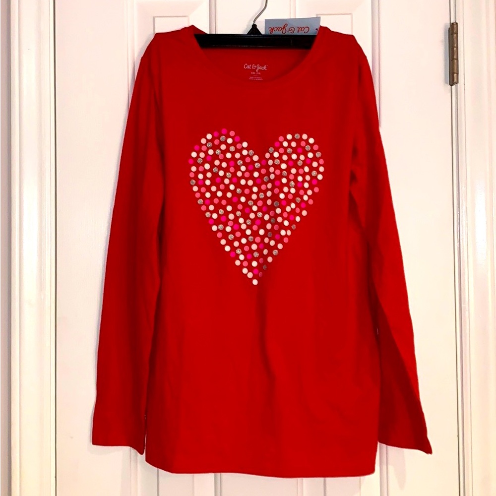 Cat & Jack Long sleeve Red Tee Shirt with glitter spots Heart